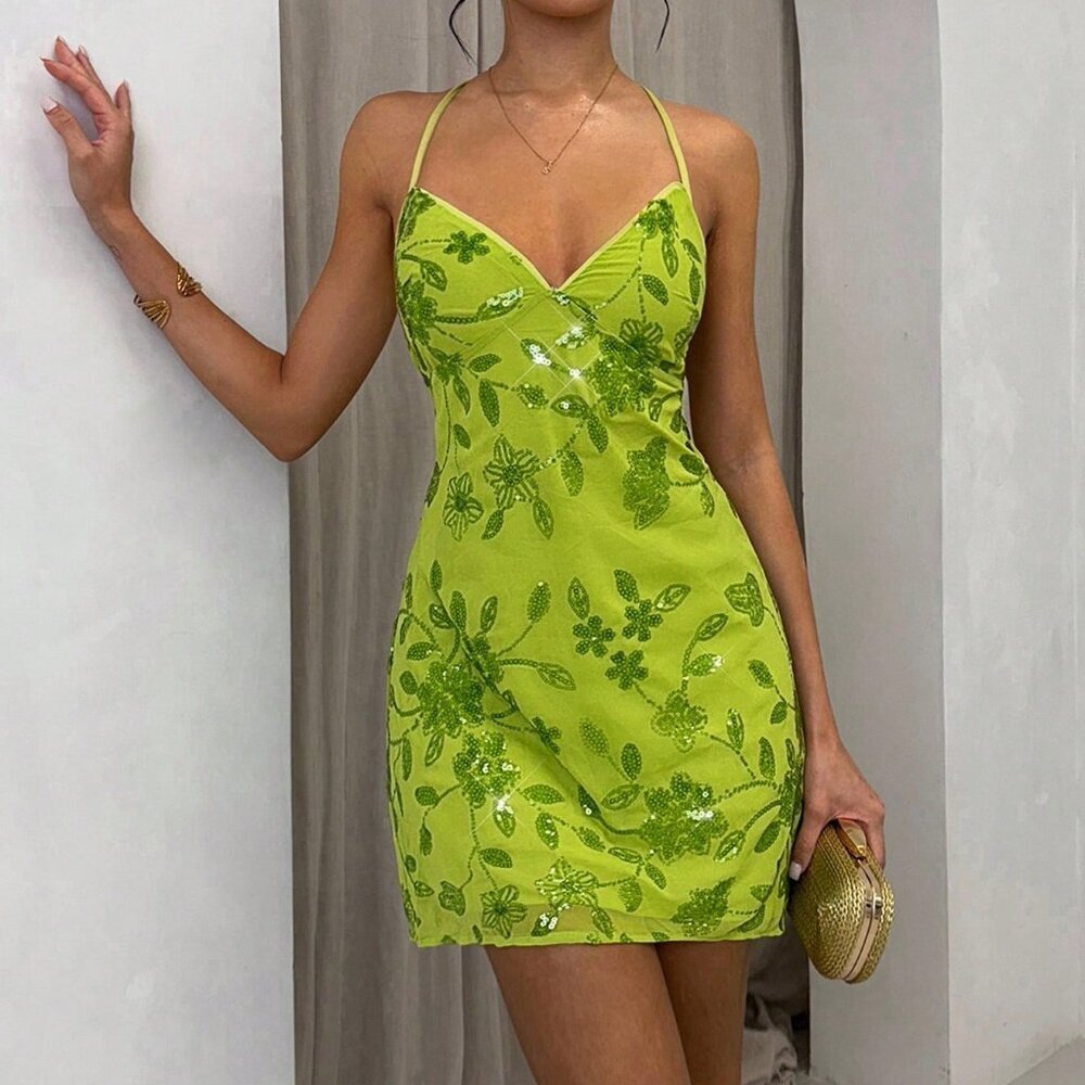 Green Party Women's Mesh Backless Tie Strap Elegant Romantic Sexy Date Dress